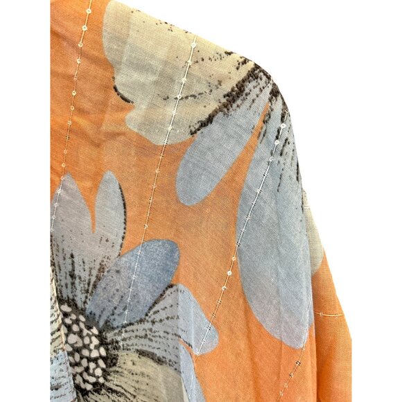 Jessica McClintock Boho Coral Blue Floral Kimono Cardigan Coastal Summer Chic - Picture 3 of 6